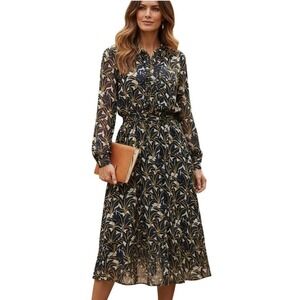 FRNCH Paris Womens Midi Dress Floral Print Navy Ruffle Button Down Front M